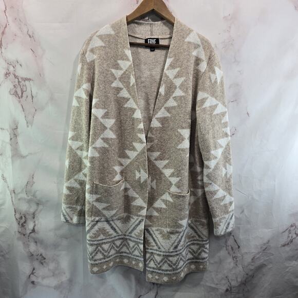 Frye Sweater Womens Large Beige Tan White Cardigan Aztec Gro Southwestern - Picture 1 of 9